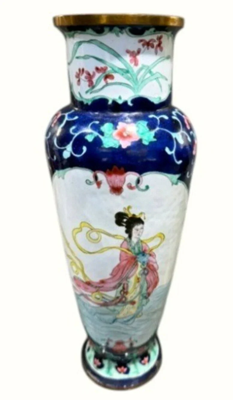 Vintage Chinese Cloisonne Enamel Celestial Maiden Feitian Vase 12